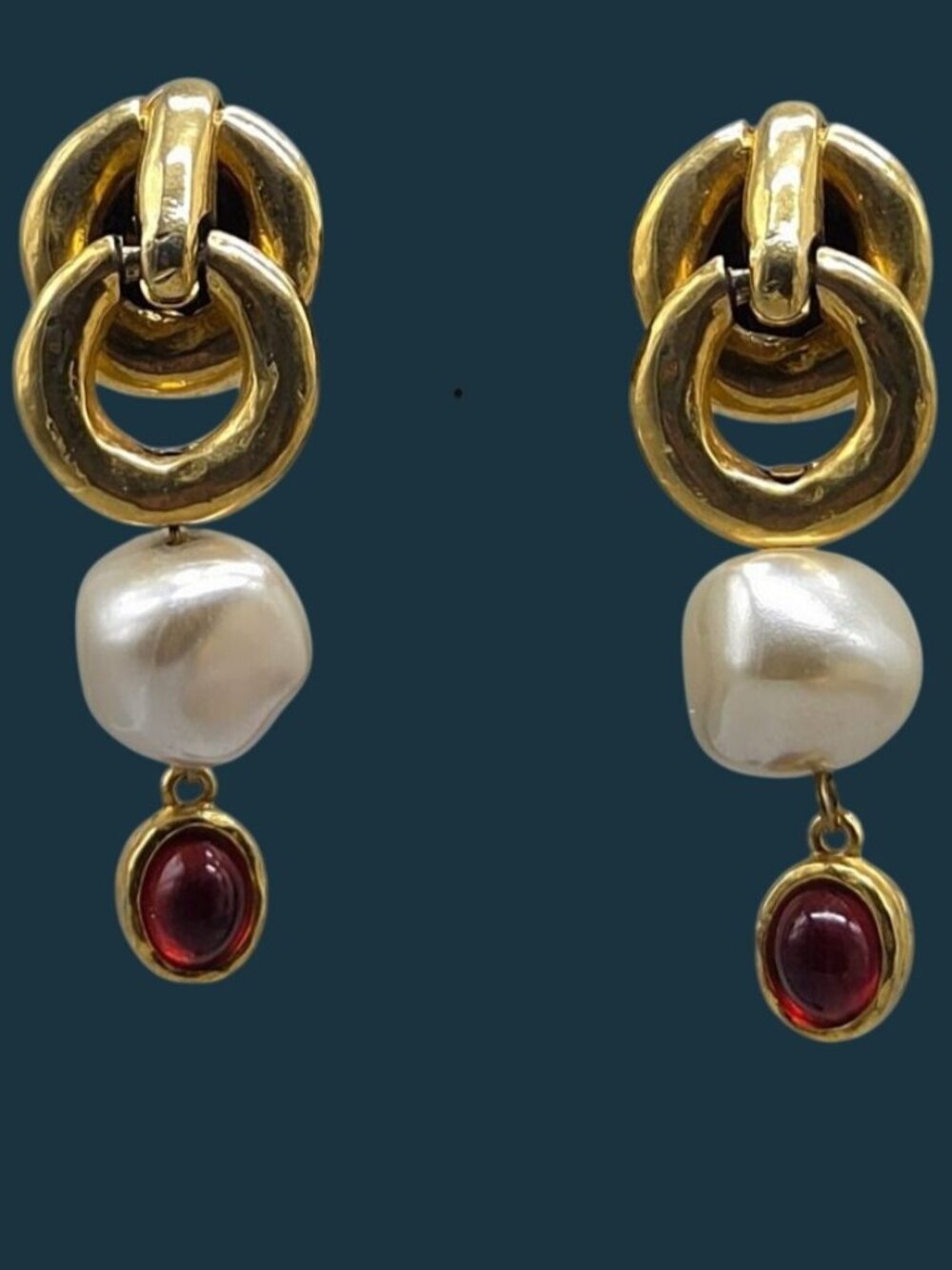 Vintage VO Vogue Les Bernard Statement Drop Earrings Baroque Pearl Red Cabochon